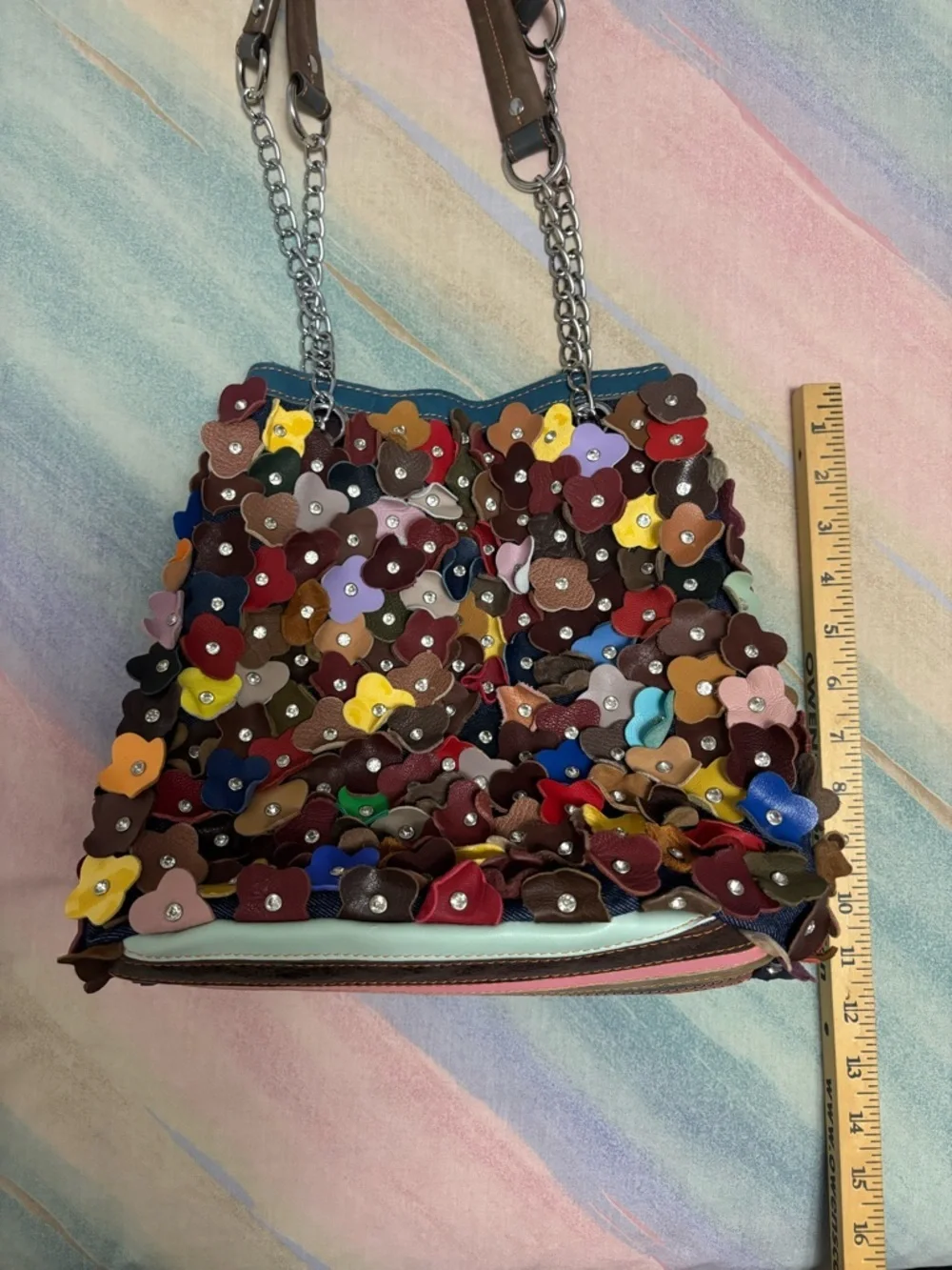 Ameri Leather Willet Shoulder bag with embellished flowers and crystals.